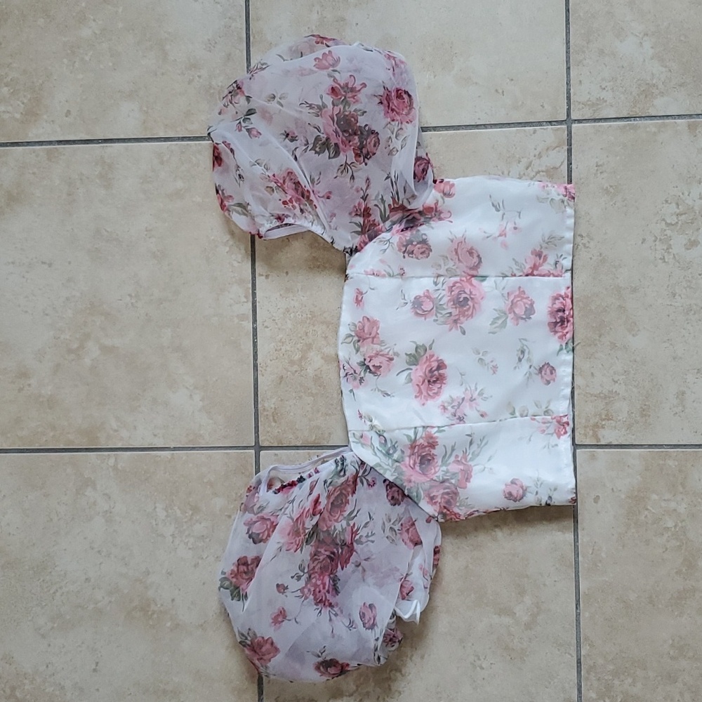Floral Crop Top Puffed Sleeve Back Zipper sz XS